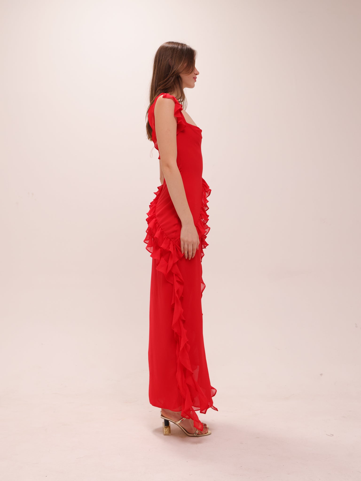 Ariela Cherry Ruffle Maxi Dress