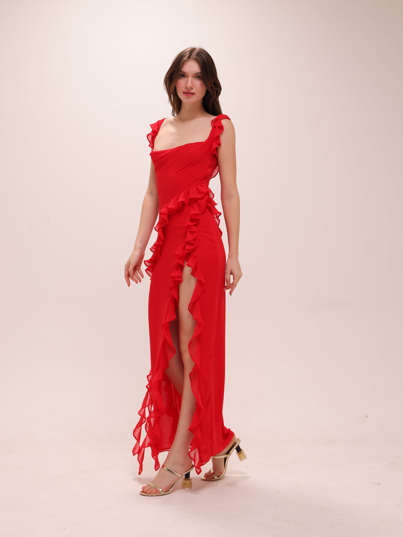 Ariela Cherry Ruffle Maxi Dress