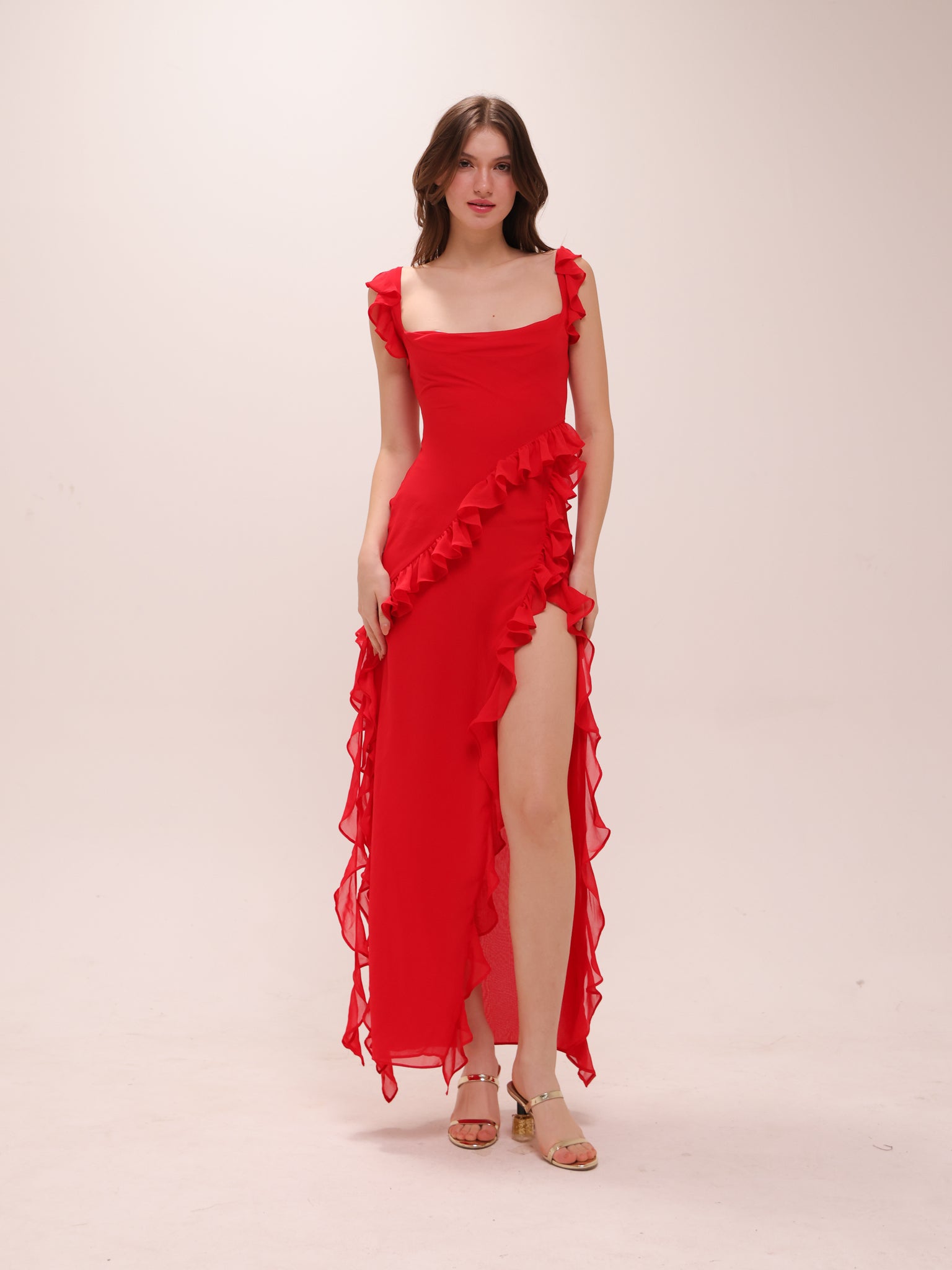 Ariela Cherry Ruffle Maxi Dress