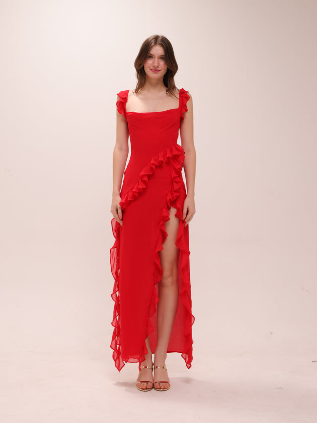 Ariela Cherry Ruffle Maxi Dress