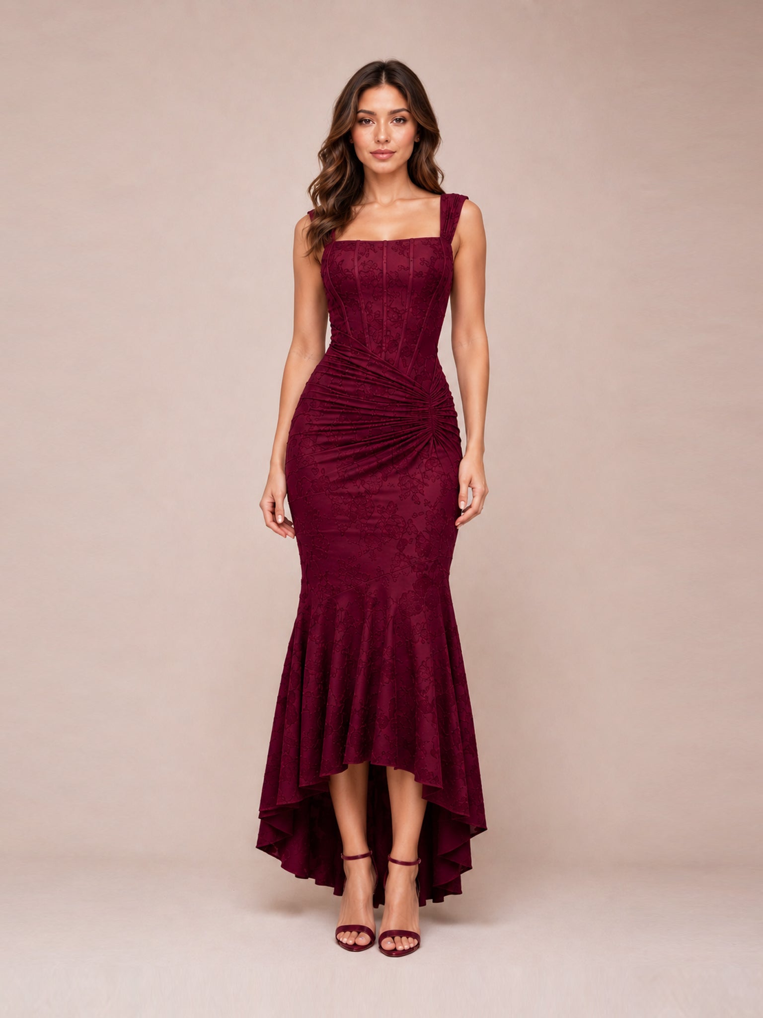 Cesca Wine Floral Lace Dress