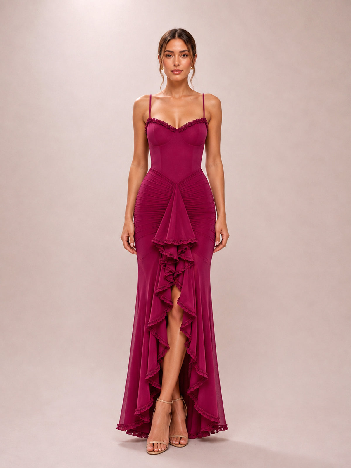 Gabbi Wine Ruffled Front Gown