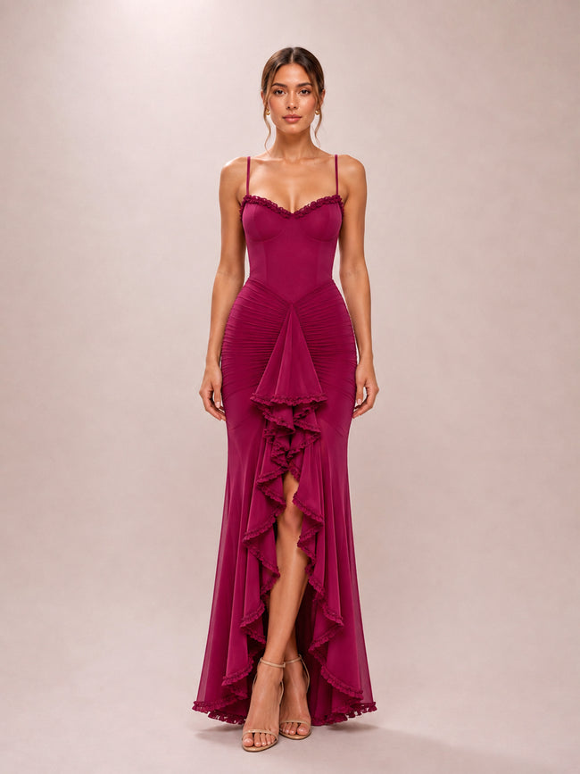 Gabbi Wine Ruffled Front Gown