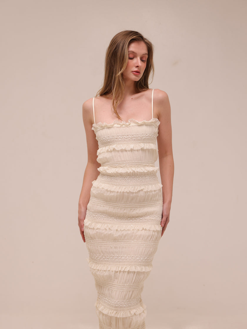 Solana Ivory Sequin Pleat Maxi Dress