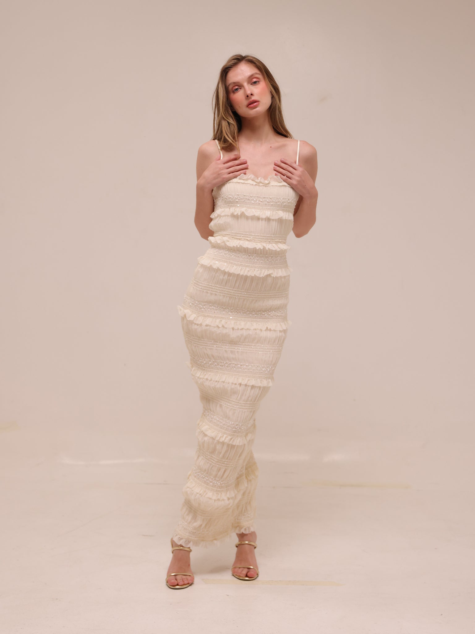 Solana Ivory Sequin Pleat Maxi Dress