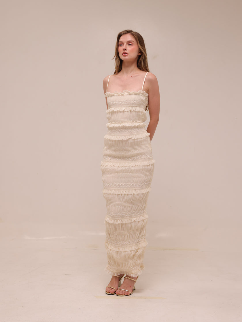 Solana Ivory Sequin Pleat Maxi Dress