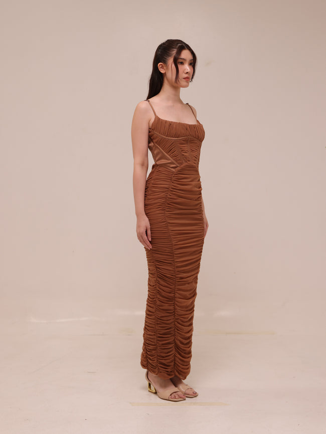 LIlian Ruched Satin And Mesh Midi Dress
