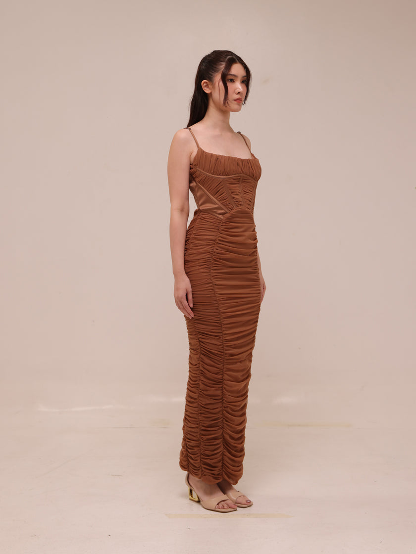 LIlian Ruched Satin And Mesh Midi Dress