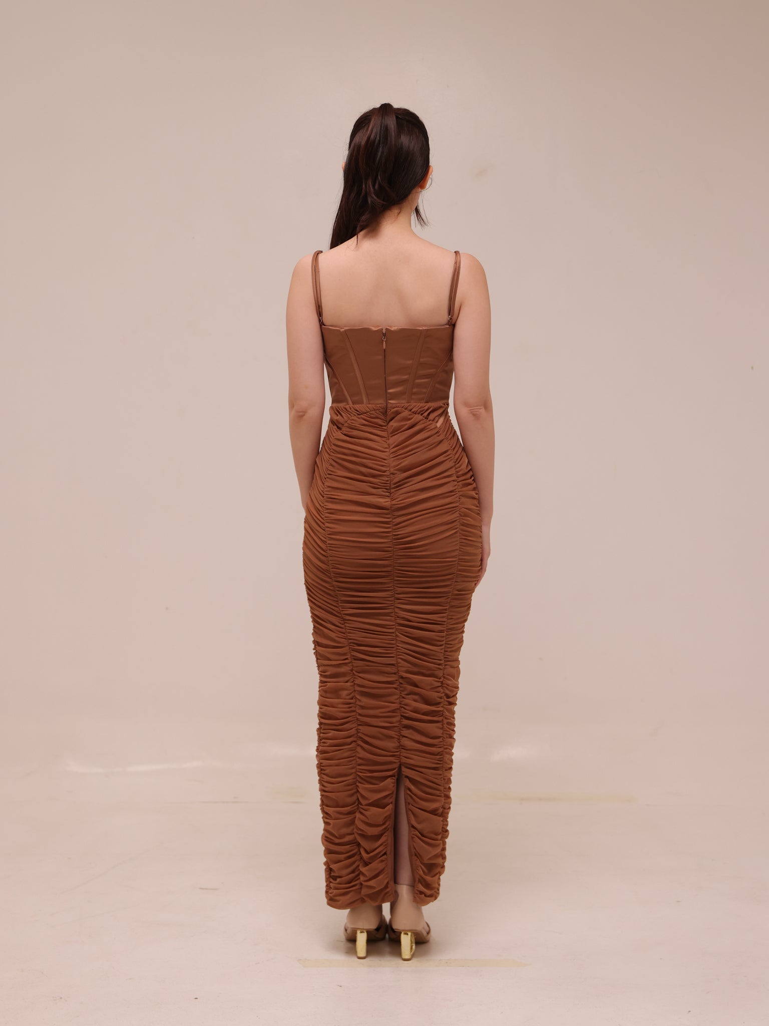 LIlian Ruched Satin And Mesh Midi Dress
