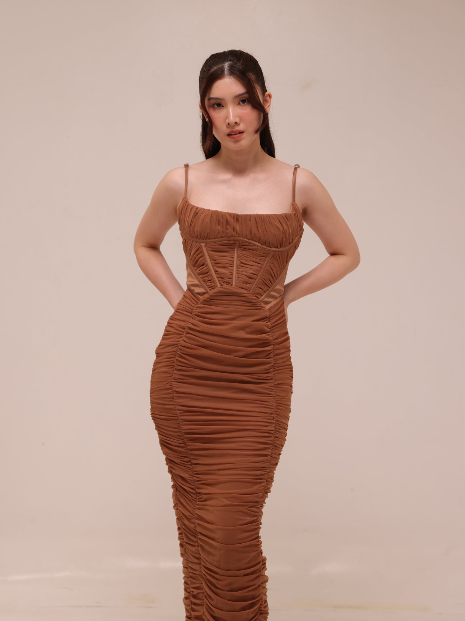 LIlian Ruched Satin And Mesh Midi Dress