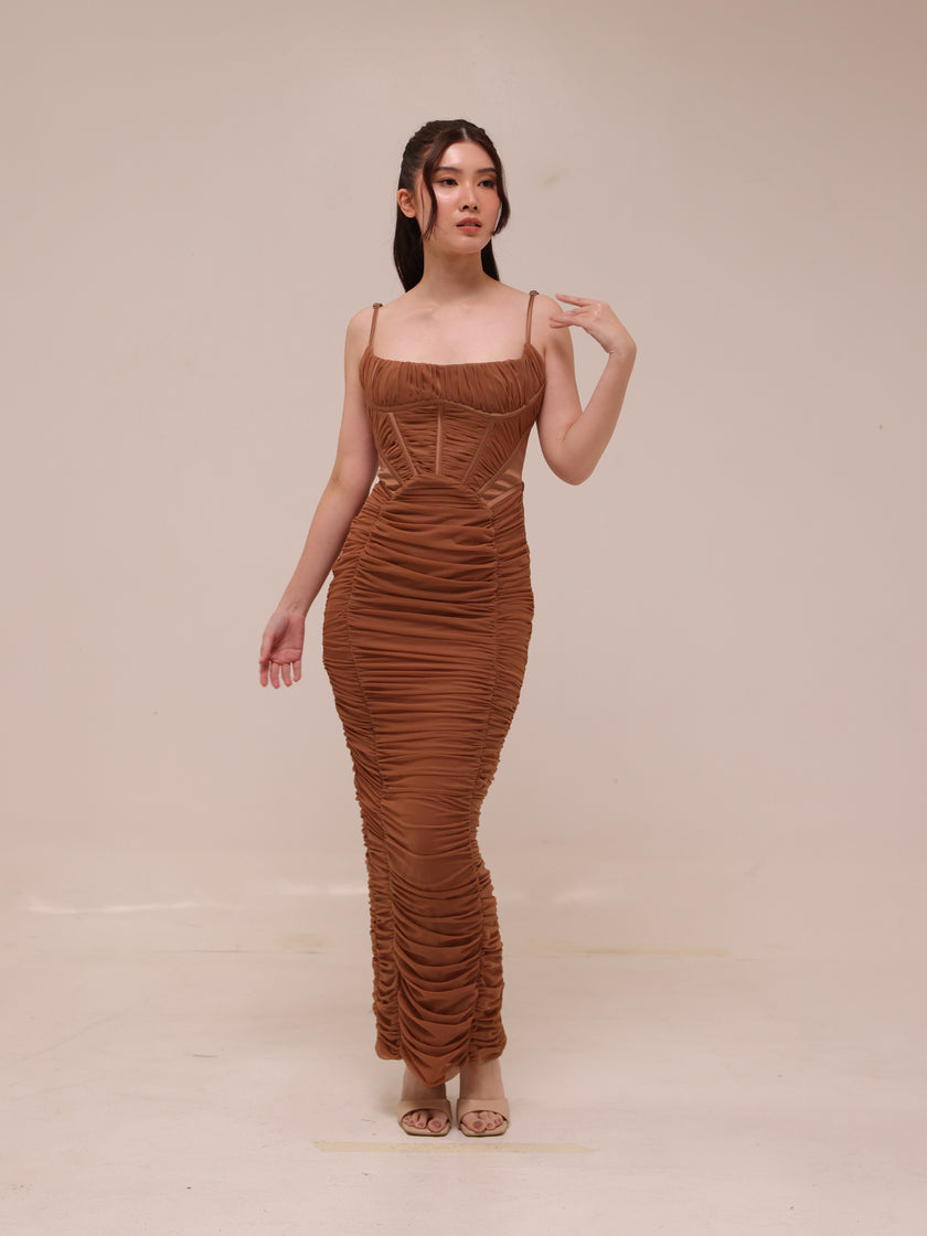 LIlian Ruched Satin And Mesh Midi Dress