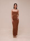 LIlian Ruched Satin And Mesh Midi Dress