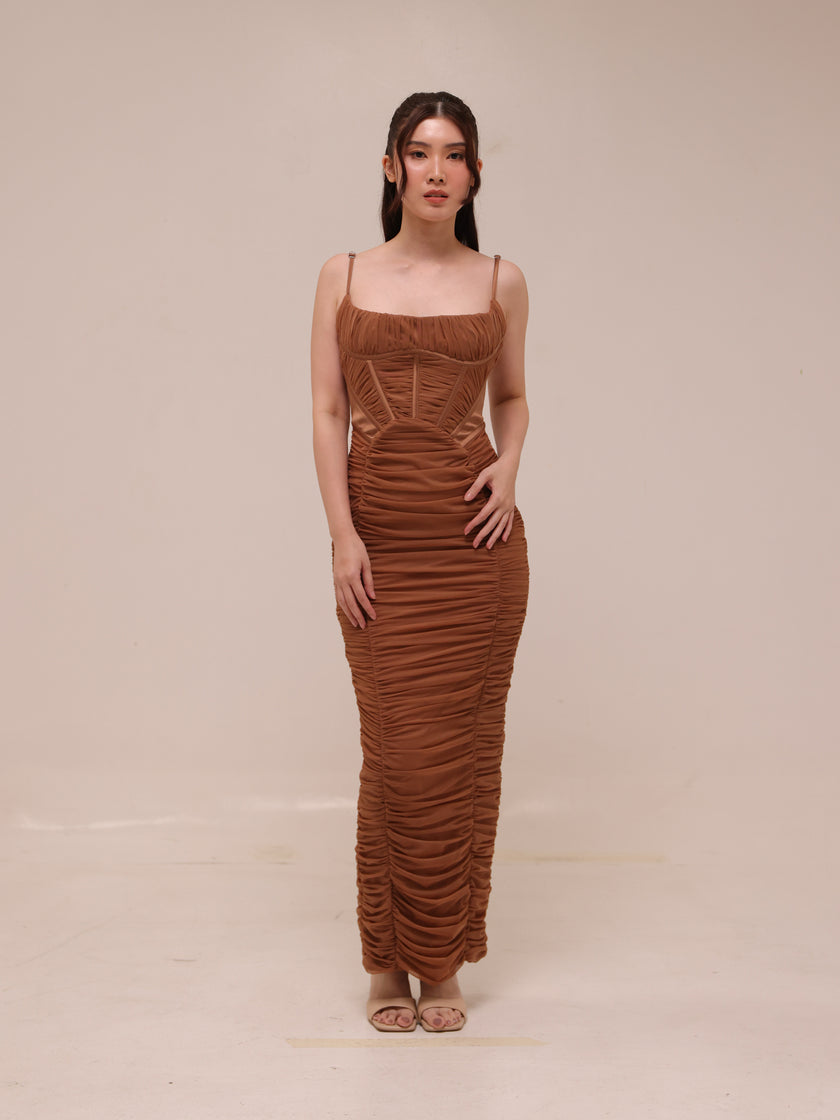 LIlian Ruched Satin And Mesh Midi Dress