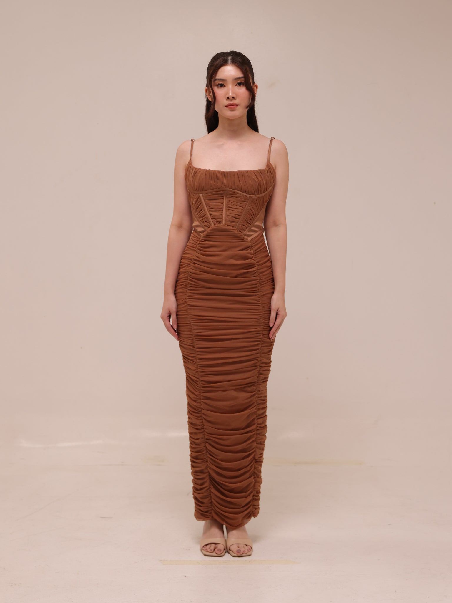 LIlian Ruched Satin And Mesh Midi Dress