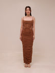 LIlian Ruched Satin And Mesh Midi Dress