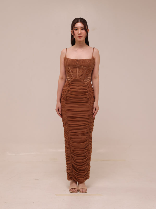 LIlian Ruched Satin And Mesh Midi Dress