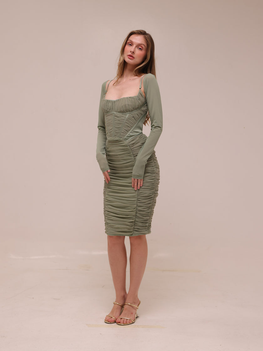Freyja Green Gathered Corset Dress