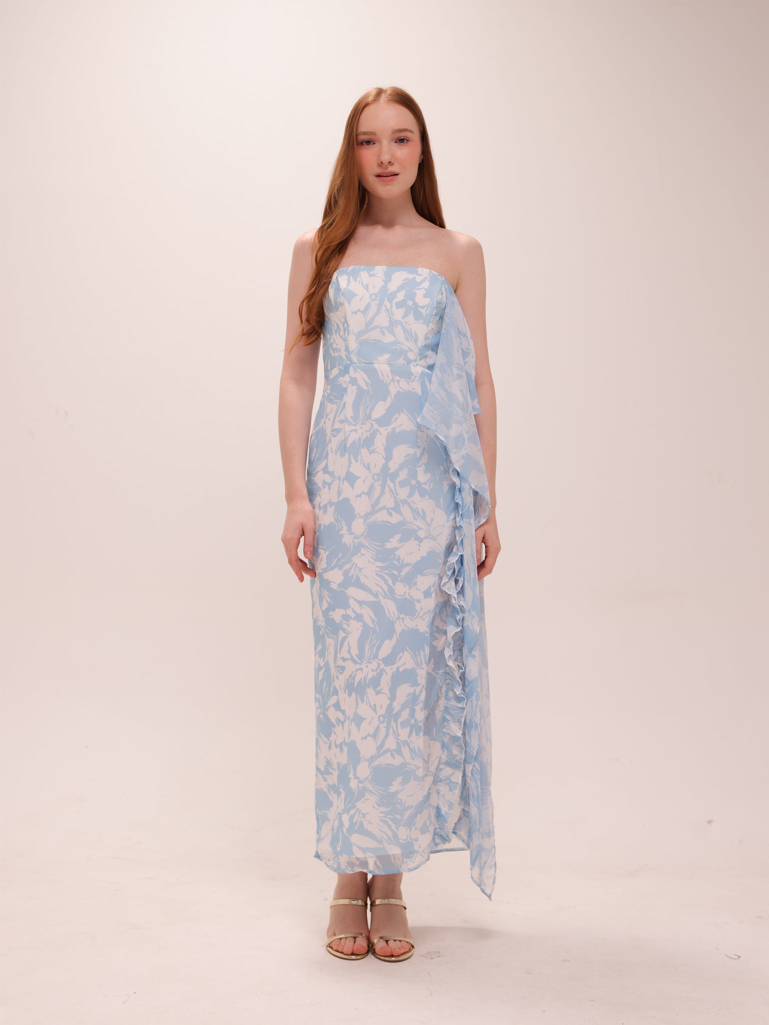 Blue Mirage Strapless Draped Midi Dress