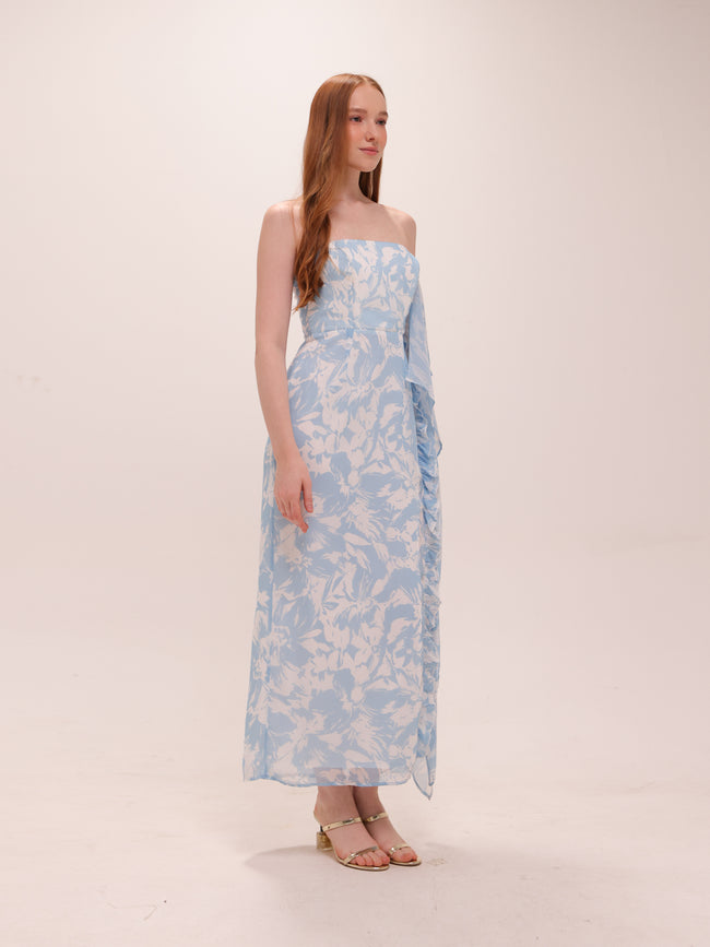 Blue Mirage Strapless Draped Midi Dress