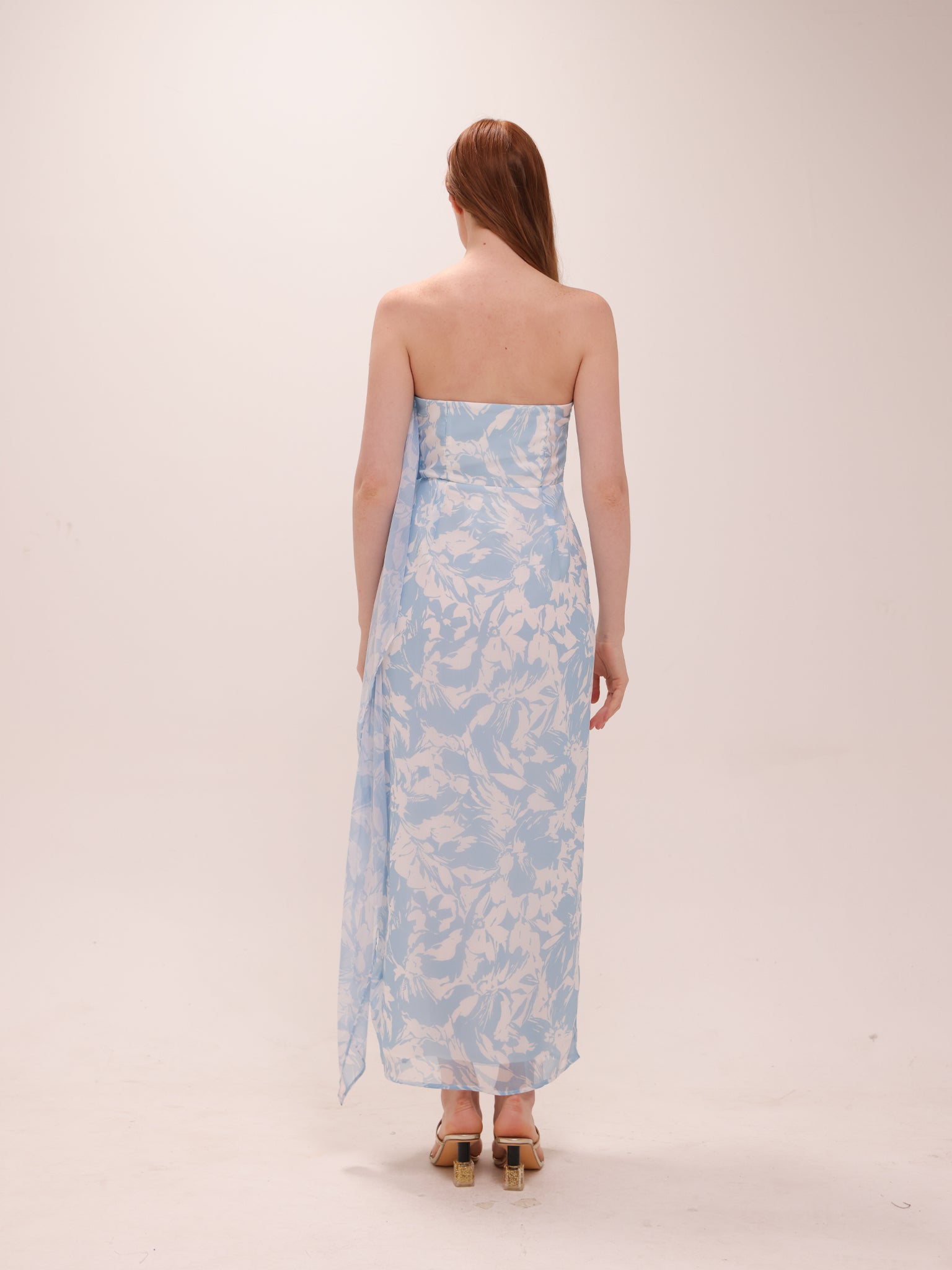 Blue Mirage Strapless Draped Midi Dress