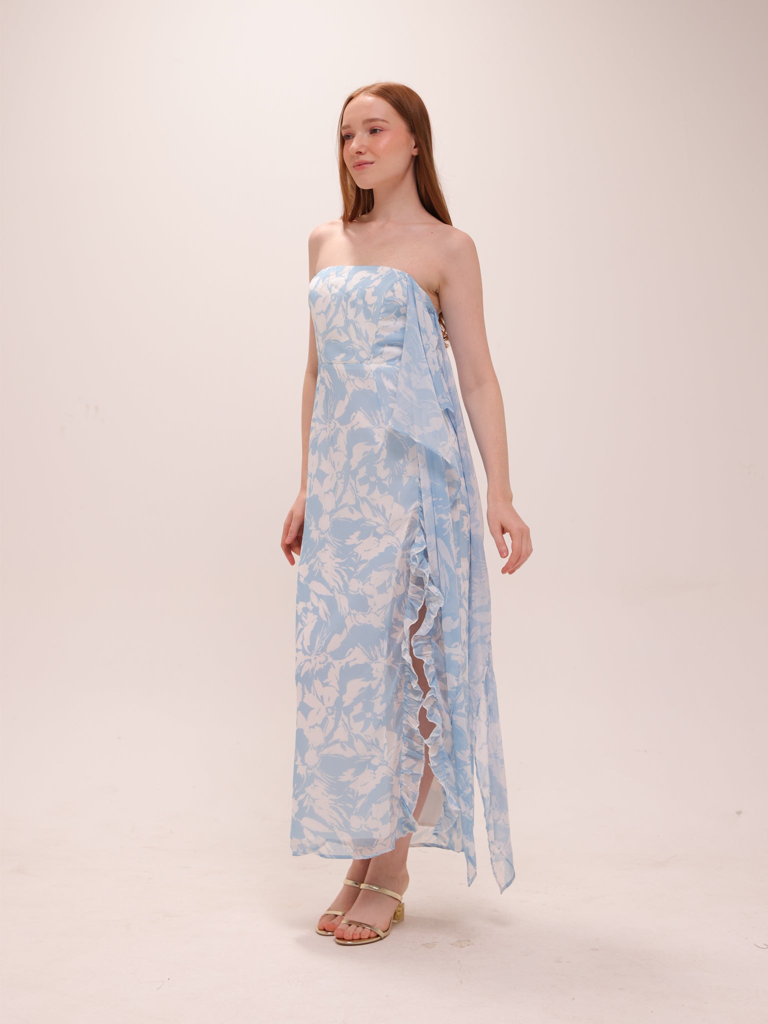Blue Mirage Strapless Draped Midi Dress