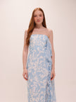 Blue Mirage Strapless Draped Midi Dress