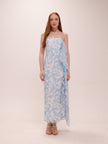 Blue Mirage Strapless Draped Midi Dress