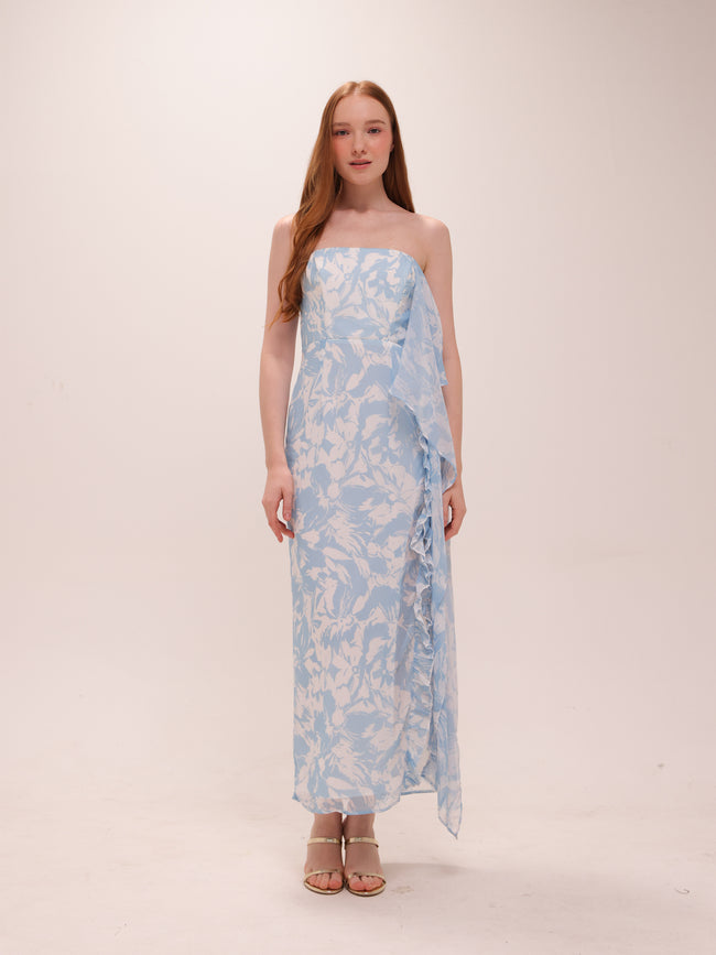 Blue Mirage Strapless Draped Midi Dress