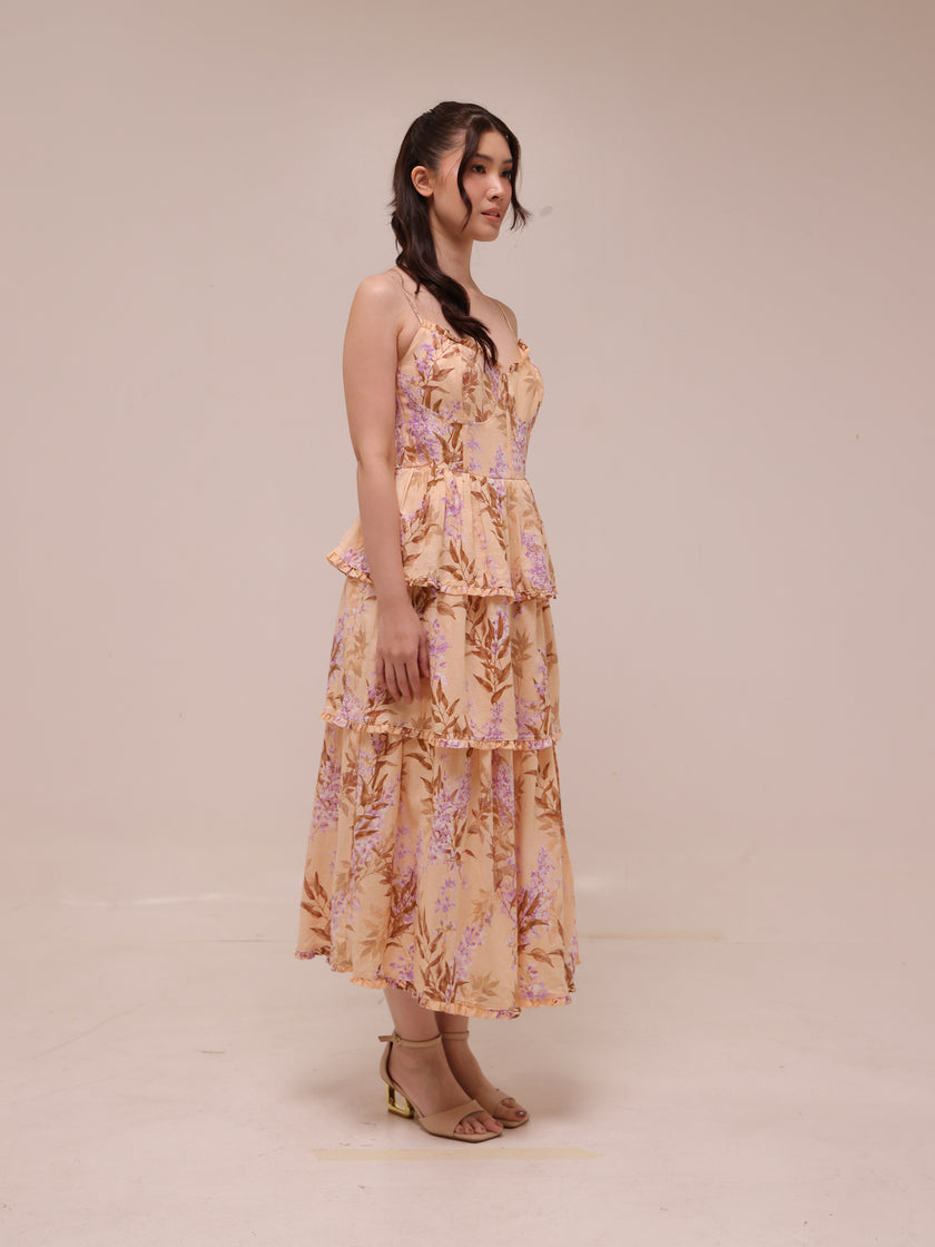 1960 Floral Tiered Linen Midi Dress