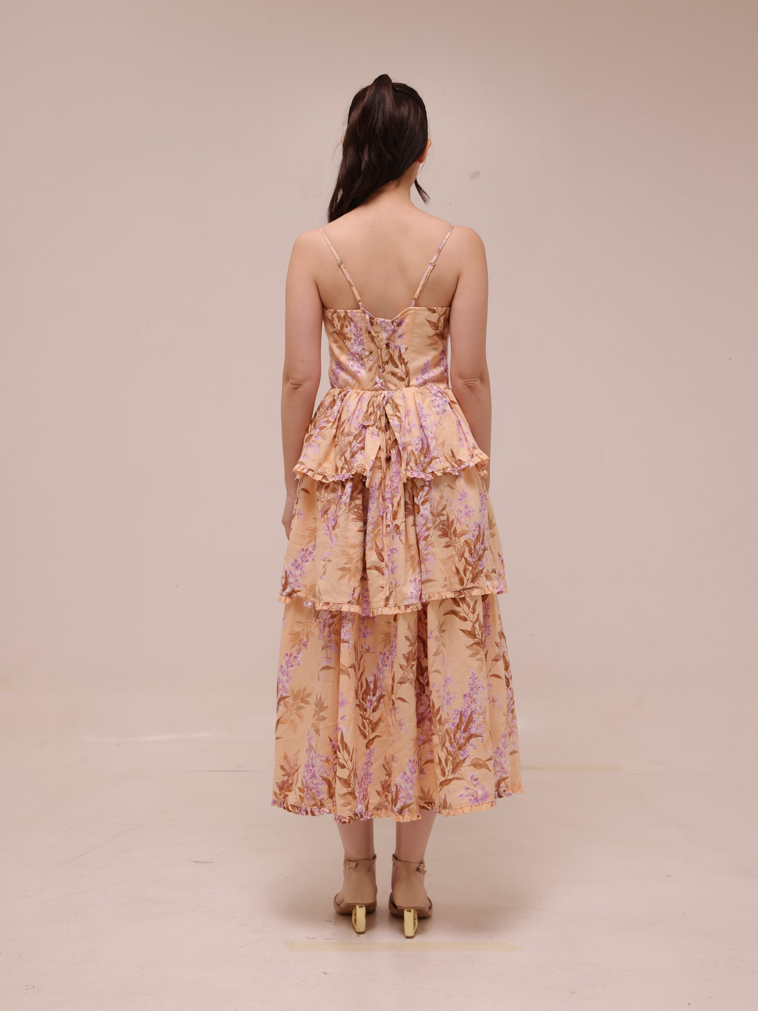 1960 Floral Tiered Linen Midi Dress