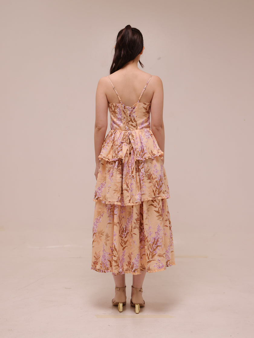 1960 Floral Tiered Linen Midi Dress