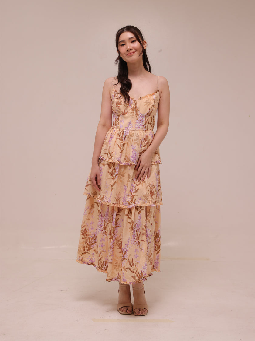 1960 Floral Tiered Linen Midi Dress