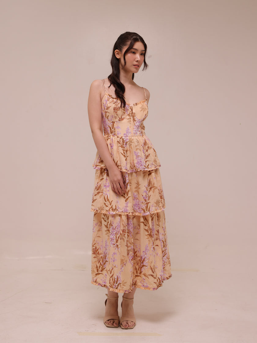 1960 Floral Tiered Linen Midi Dress