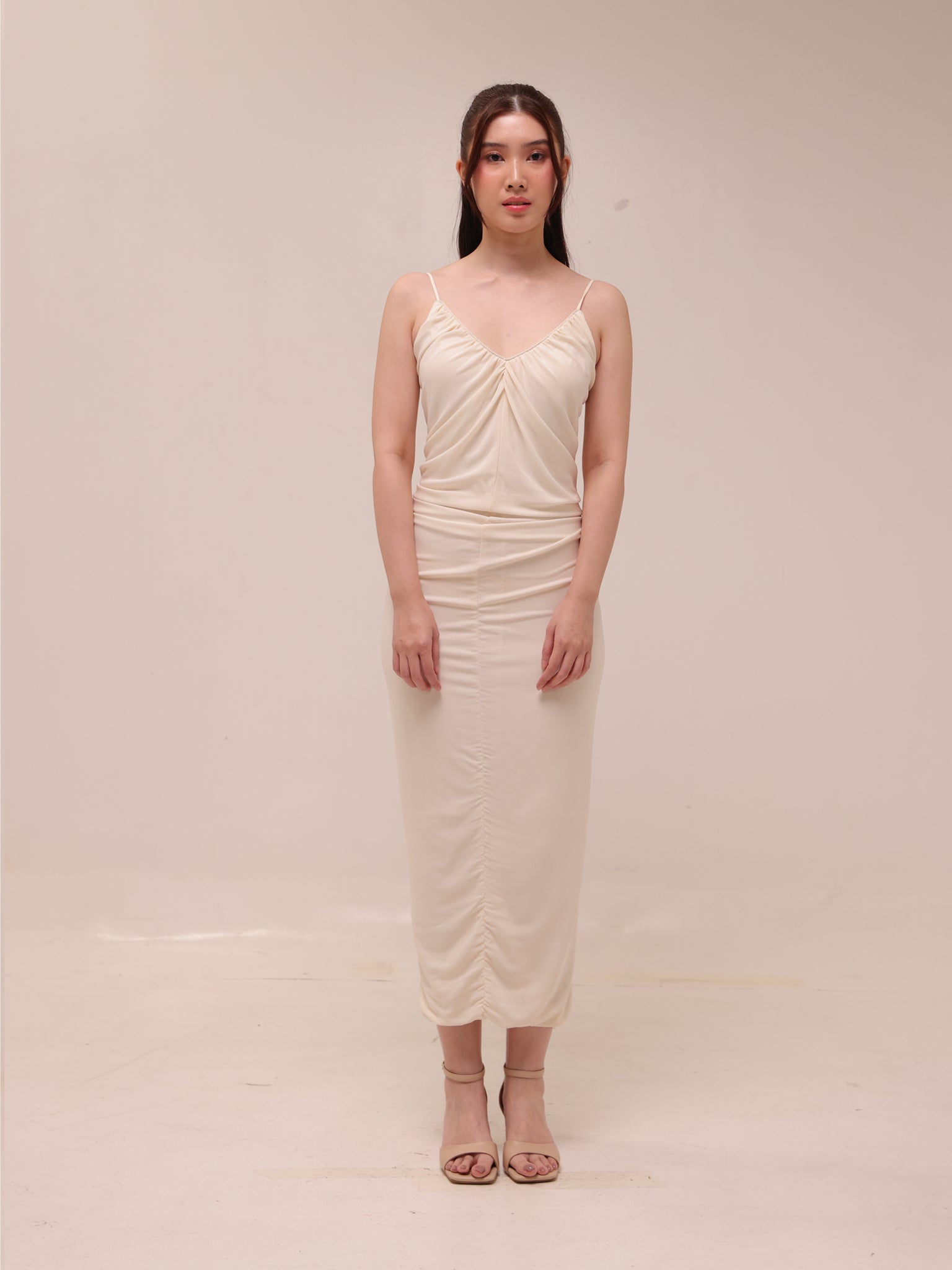 Ivory Ruched Slip Midi Dress