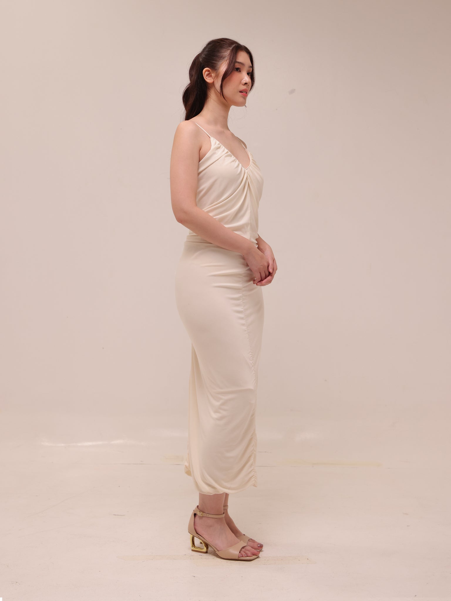 Ivory Ruched Slip Midi Dress
