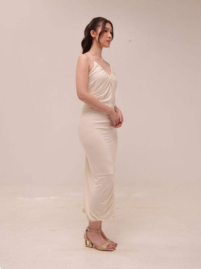 Ivory Ruched Slip Midi Dress