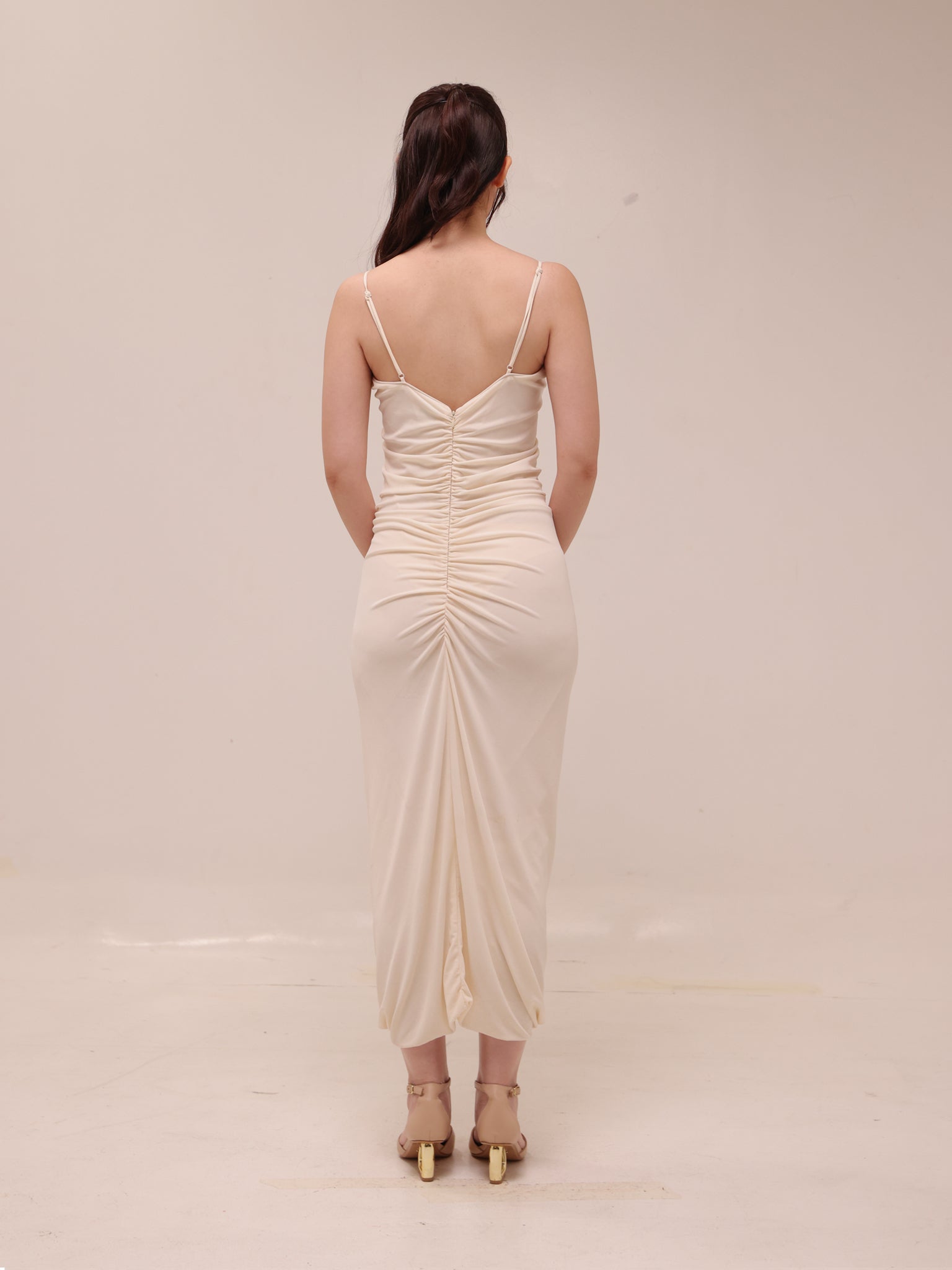 Ivory Ruched Slip Midi Dress