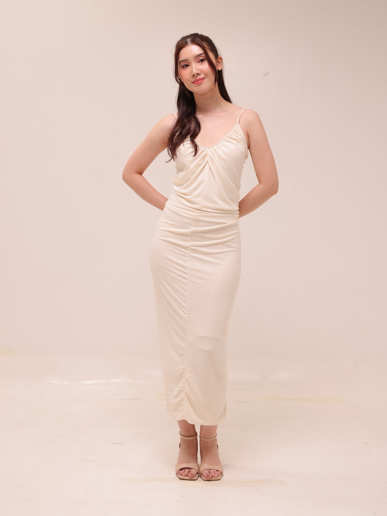 Ivory Ruched Slip Midi Dress