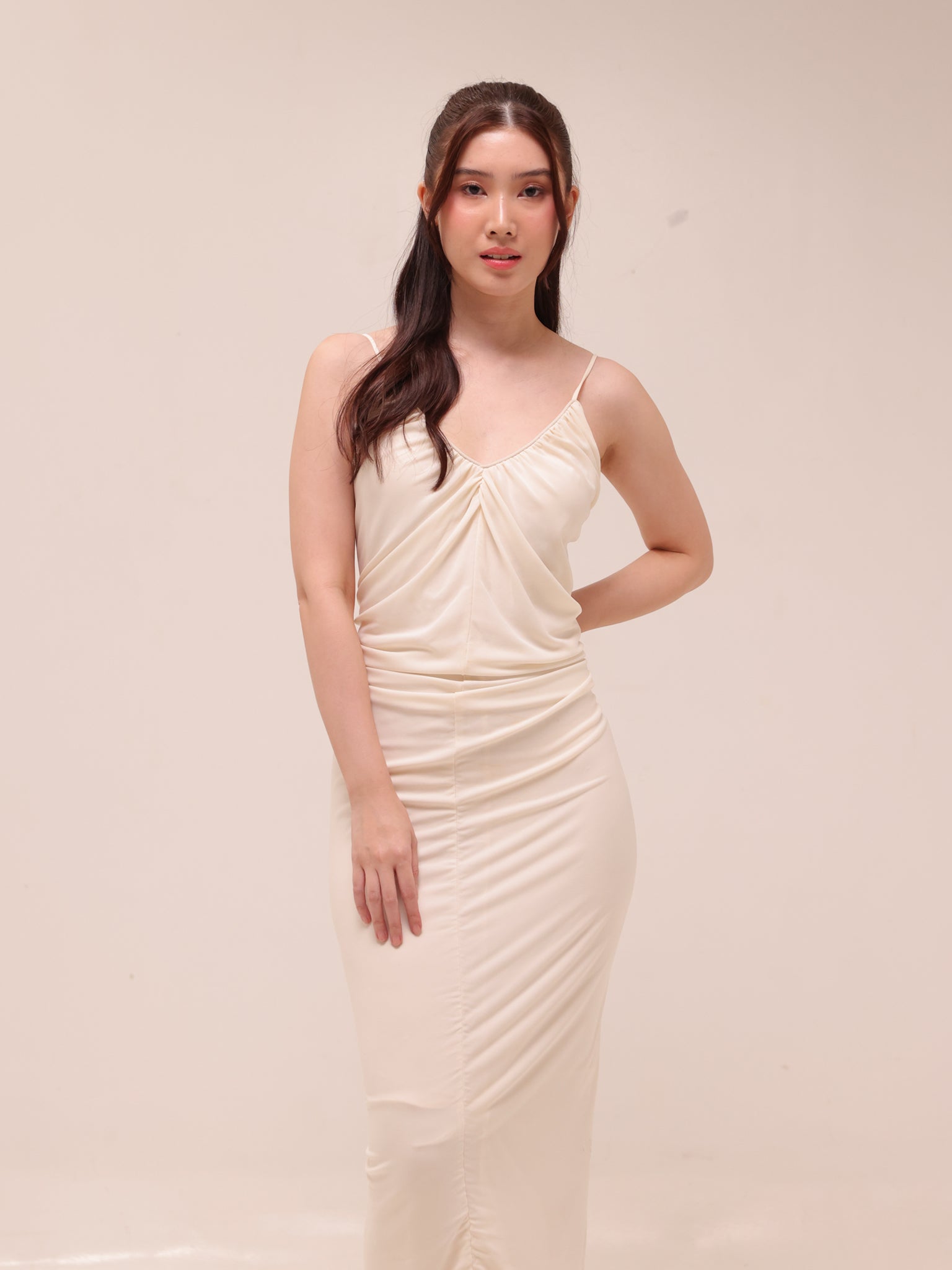 Ivory Ruched Slip Midi Dress