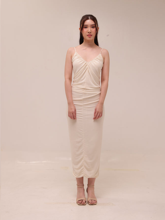 Ivory Ruched Slip Midi Dress