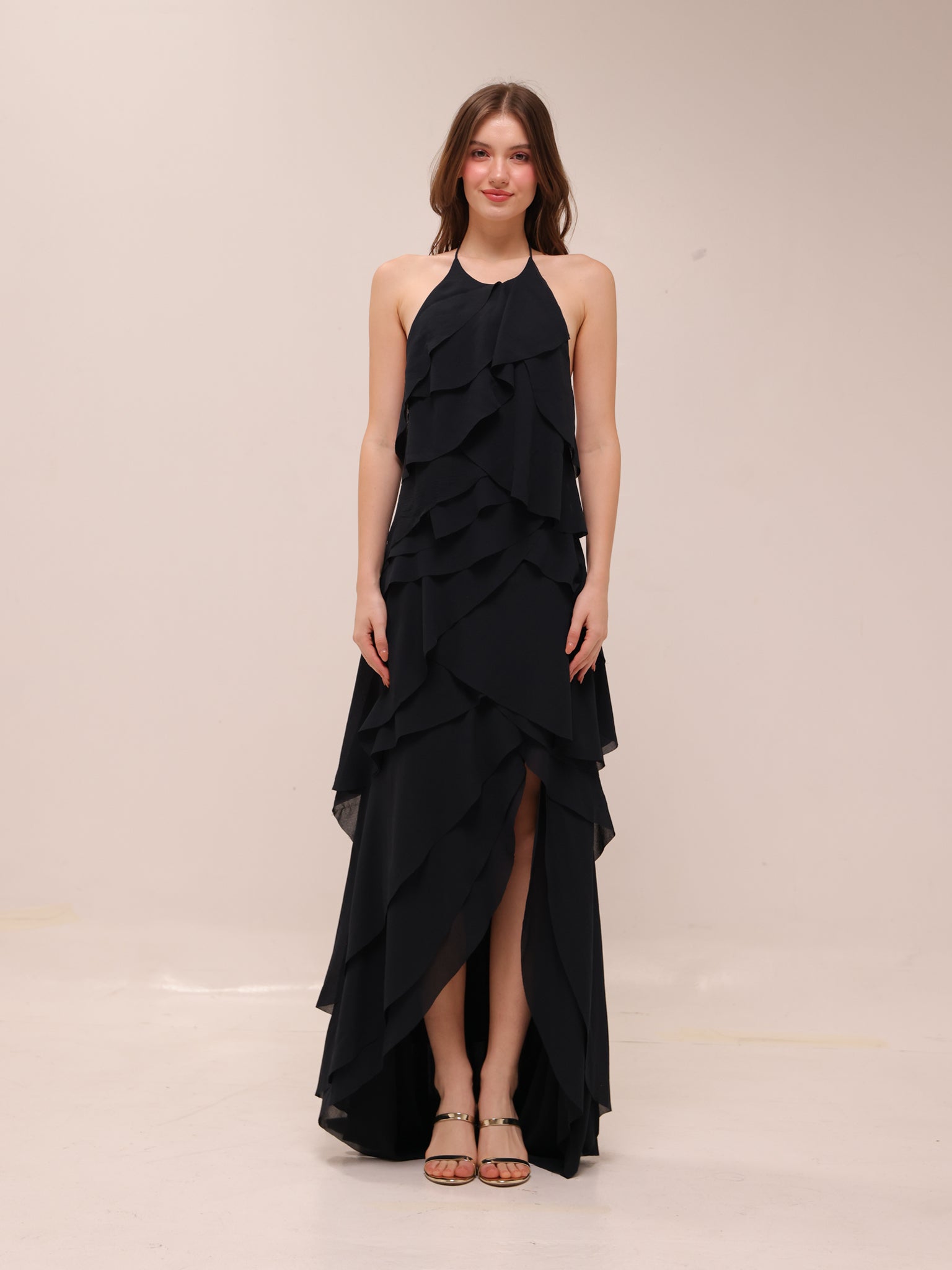 Ruffled Halter High-Low Maxi Dress – Black