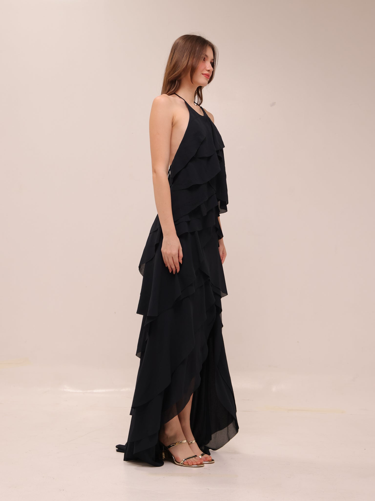 Ruffled Halter High-Low Maxi Dress – Black