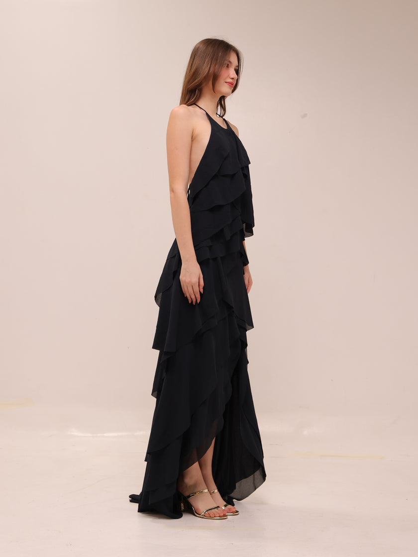 Ruffled Halter High-Low Maxi Dress – Black