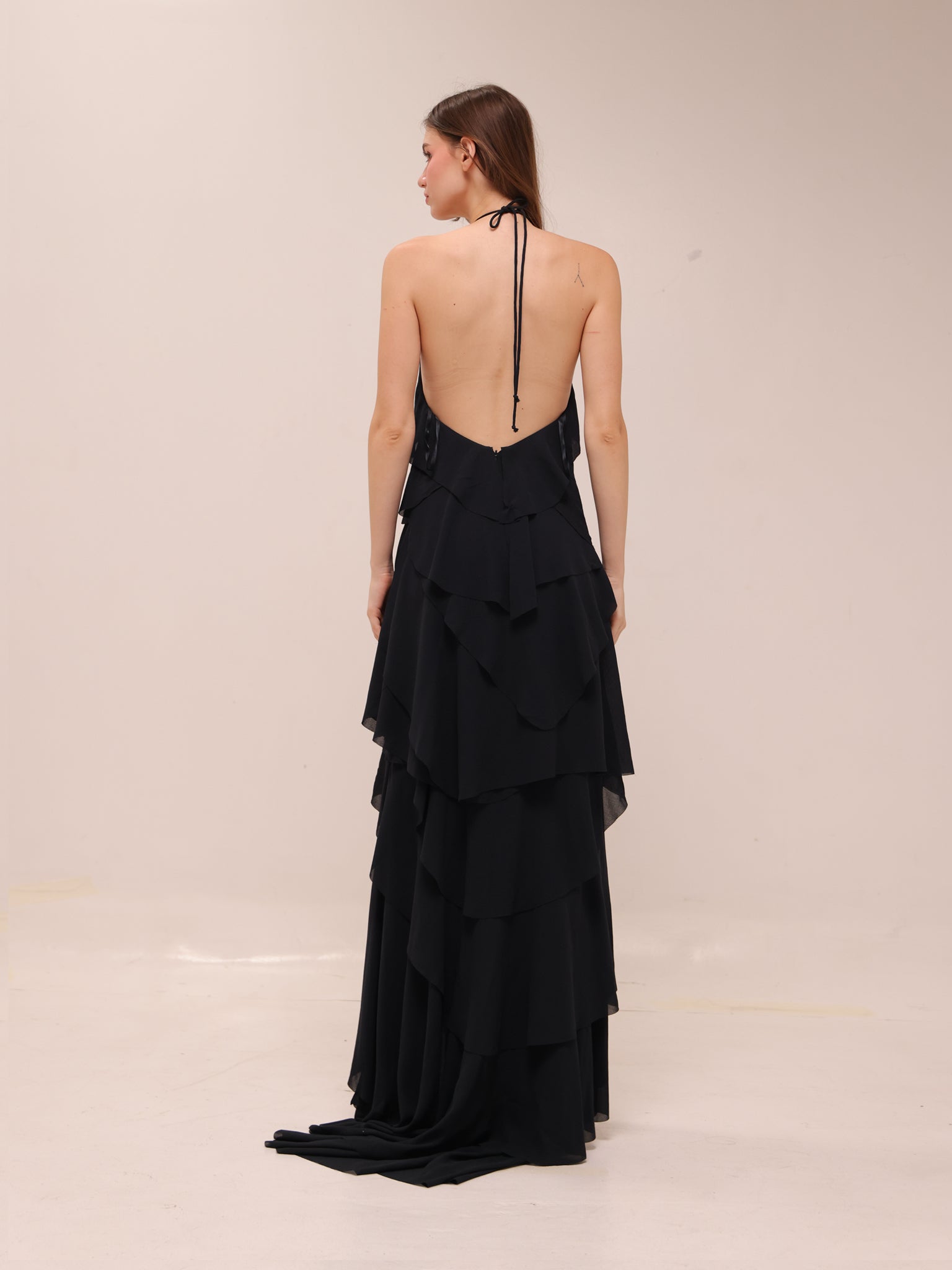 Ruffled Halter High-Low Maxi Dress – Black