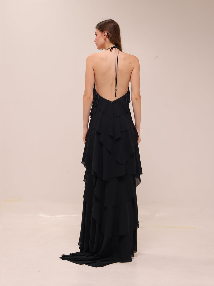 Ruffled Halter High-Low Maxi Dress – Black
