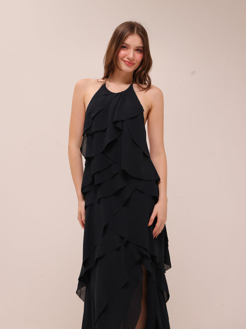 Ruffled Halter High-Low Maxi Dress – Black