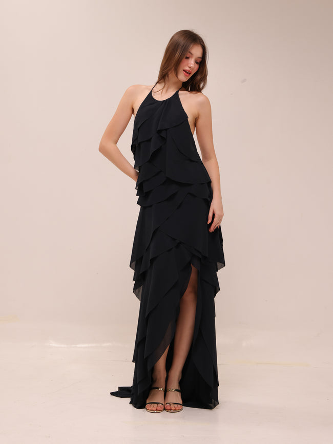 Ruffled Halter High-Low Maxi Dress – Black