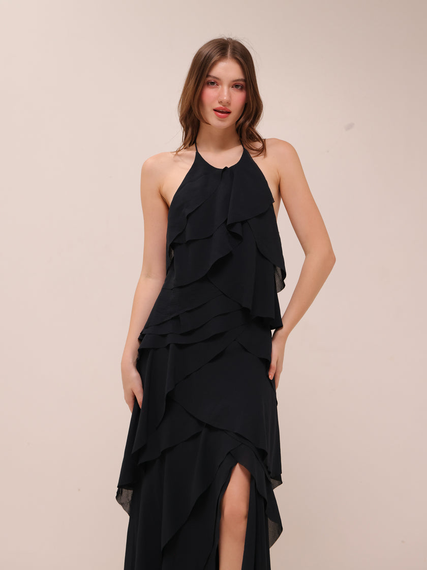 Ruffled Halter High-Low Maxi Dress – Black