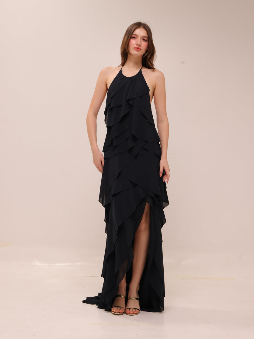 Ruffled Halter High-Low Maxi Dress – Black