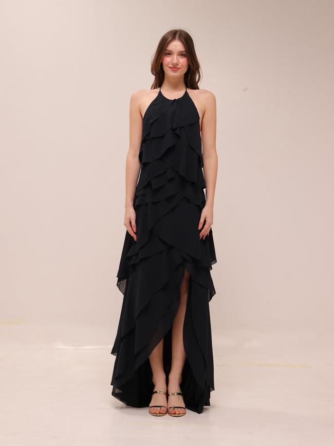 Ruffled Halter High-Low Maxi Dress – Black